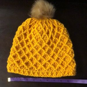 Mustard yellow handmade crochet beanie. Interchangeable pom pom. NWOT